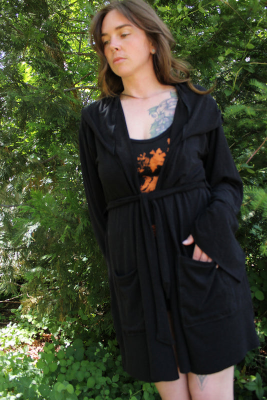 Sold-Custom Small Hooded cardigan w/Waist Tie Black Colorway