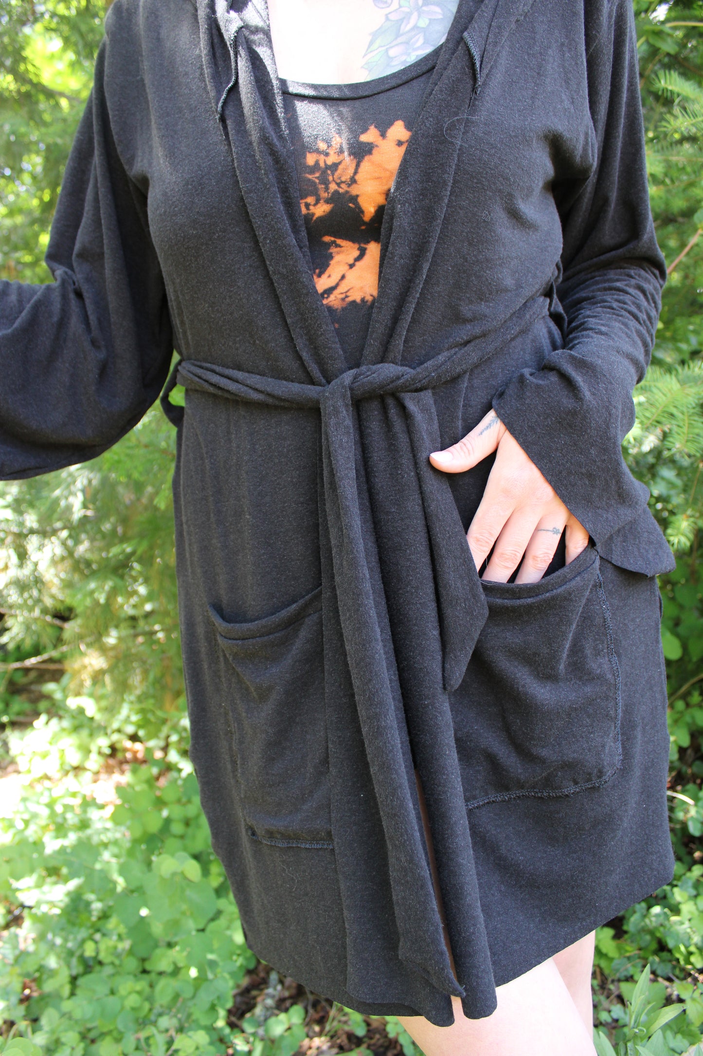Sold-Custom Small Hooded cardigan w/Waist Tie Black Colorway