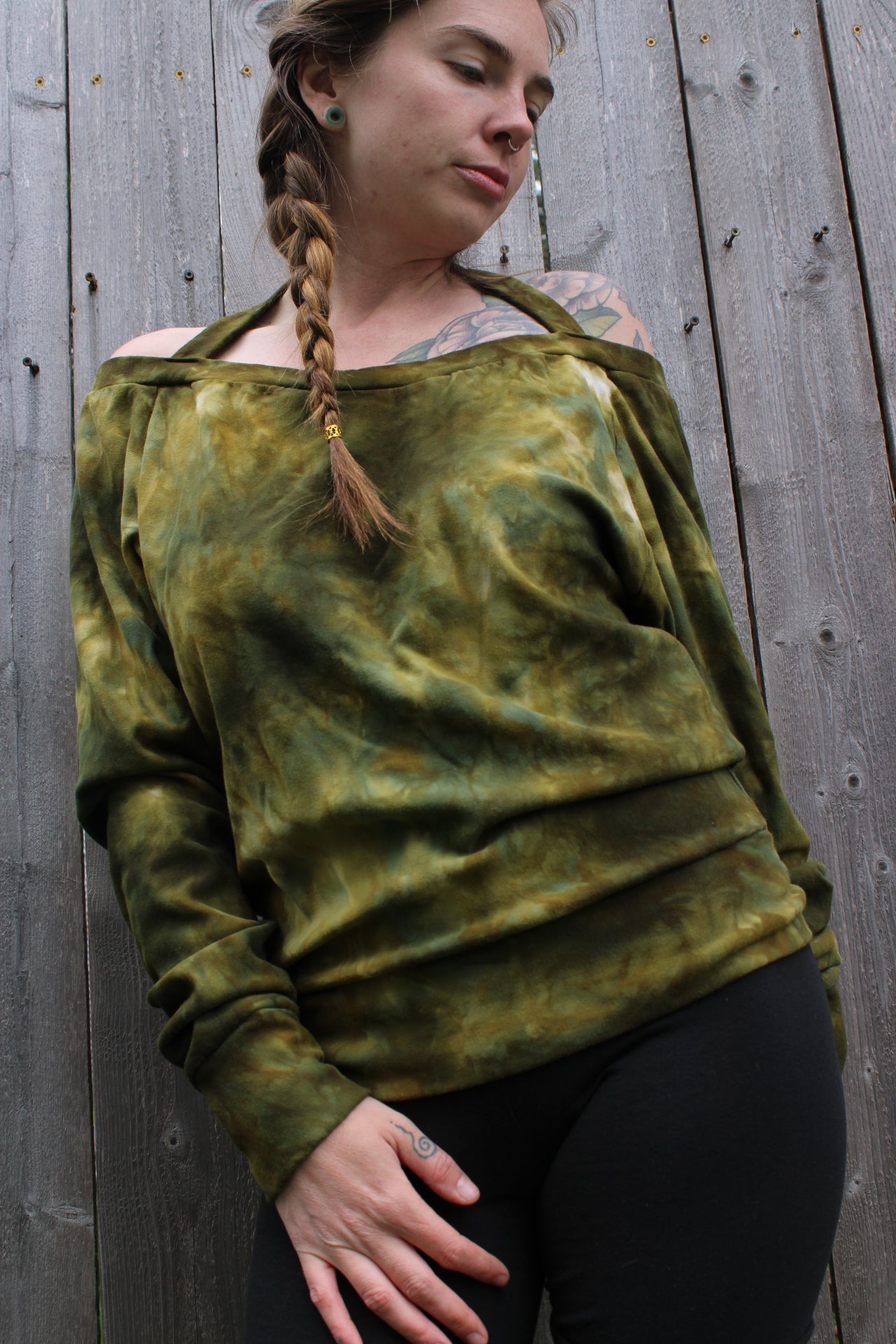 Sold-Custom Medium Off Shoulder Oversized Long Sleeve Moss Agate Colorway