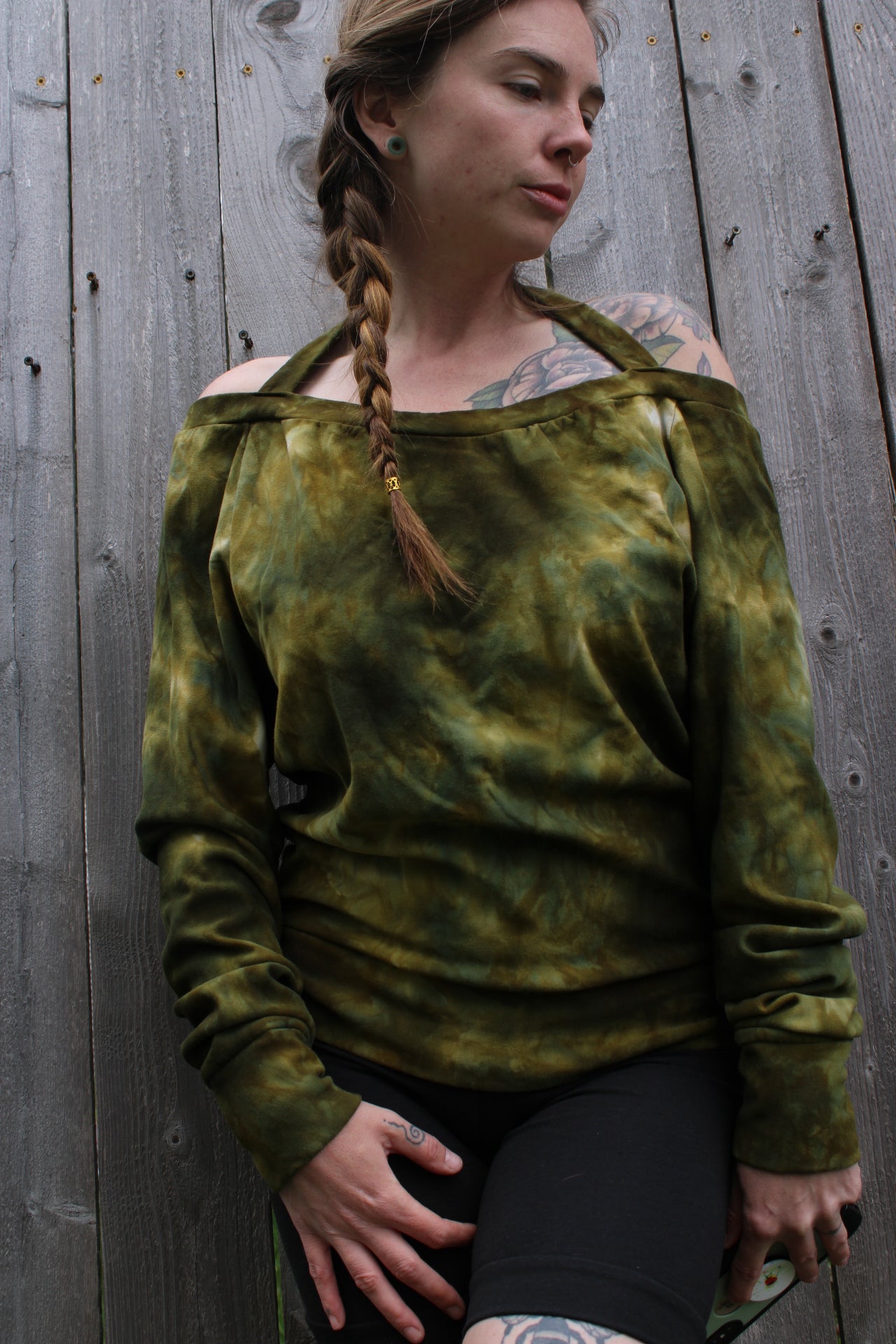 Sold-Custom Medium Off Shoulder Oversized Long Sleeve Moss Agate Colorway