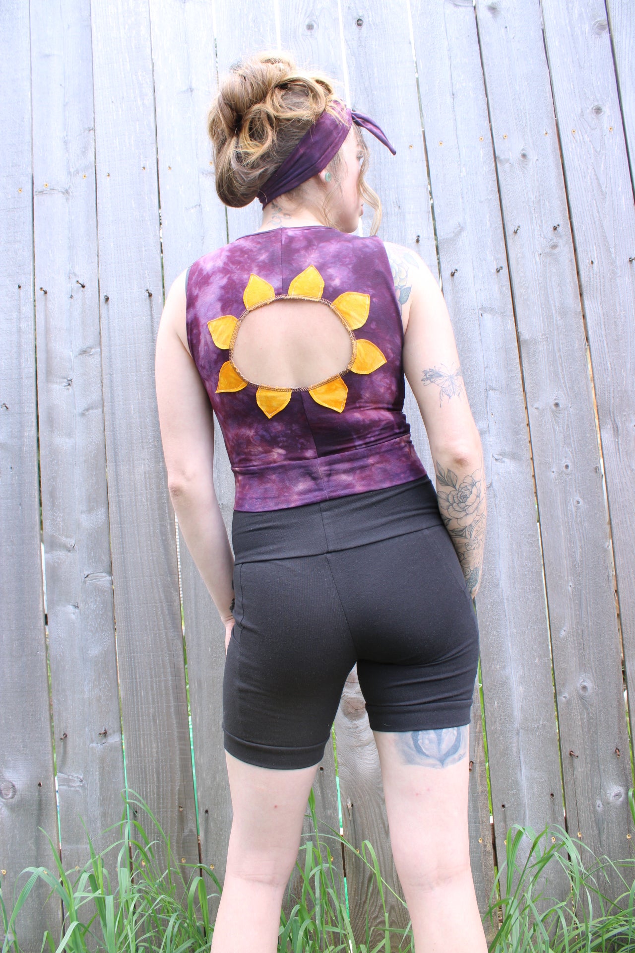 Sold-Custom Small Sleeveless Shirt Sunflower Back Cutout
