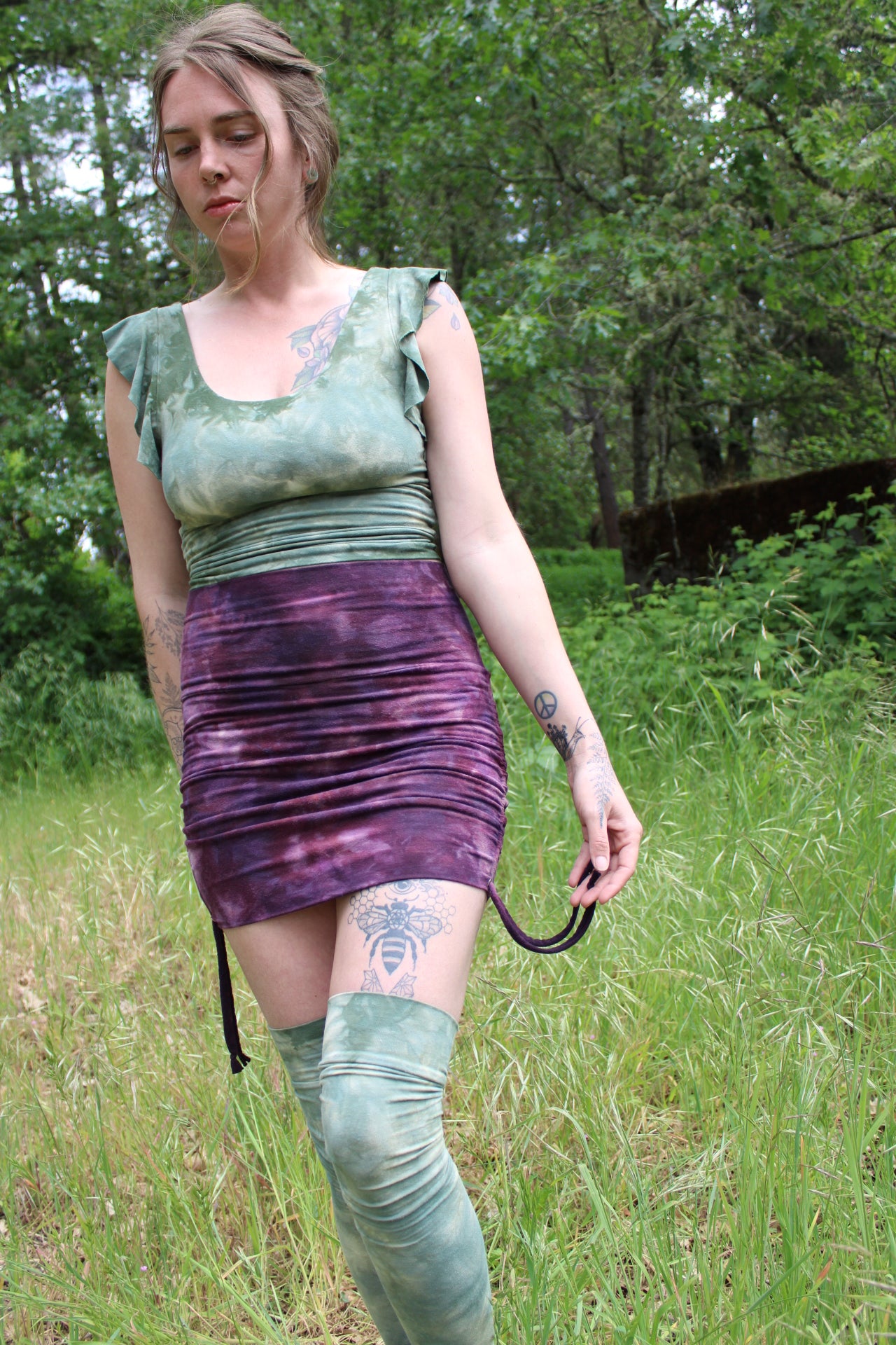 Small Long Thigh High Legwarmers Hemp Bamboo Adventurine Colorway