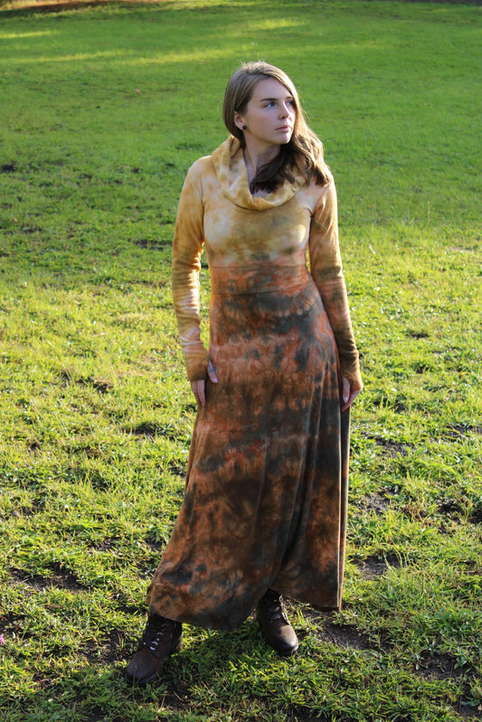 Maxi Hooded Fairy Dress Amber/ Petrified Redwood Colorway