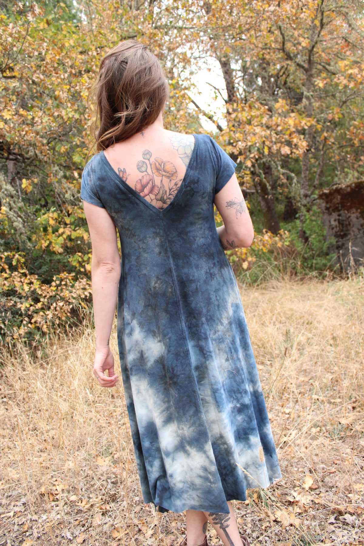 Small Leaf Midi Dress Bell Sleevs Lapis Colorway