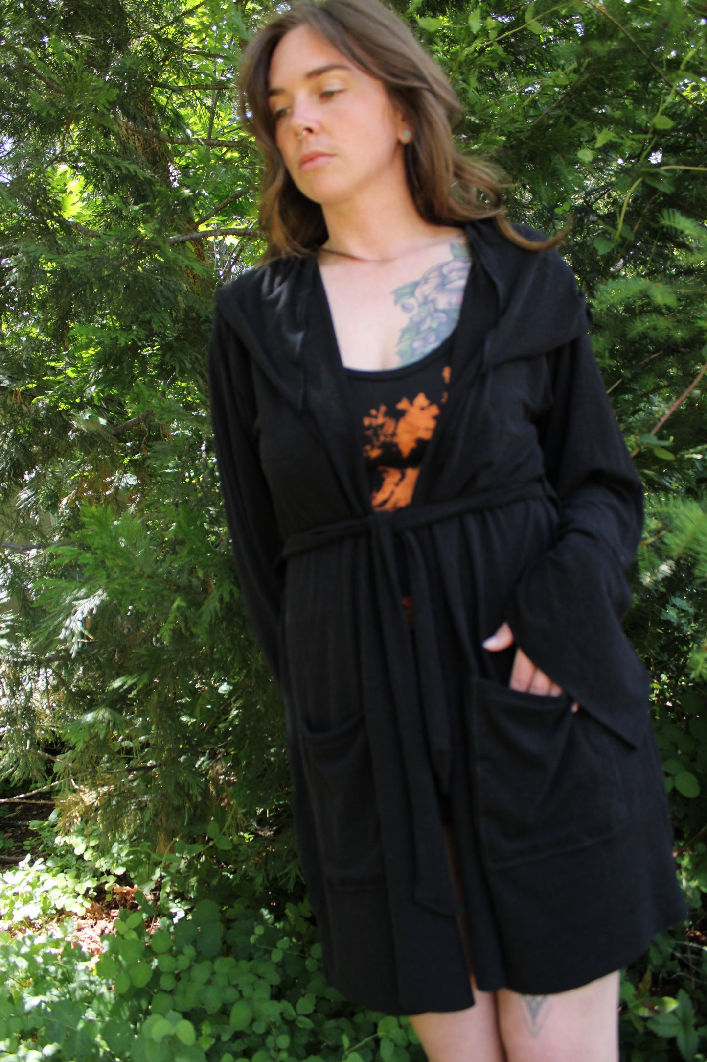Sold-Custom Small Hooded cardigan w/Waist Tie Black Colorway