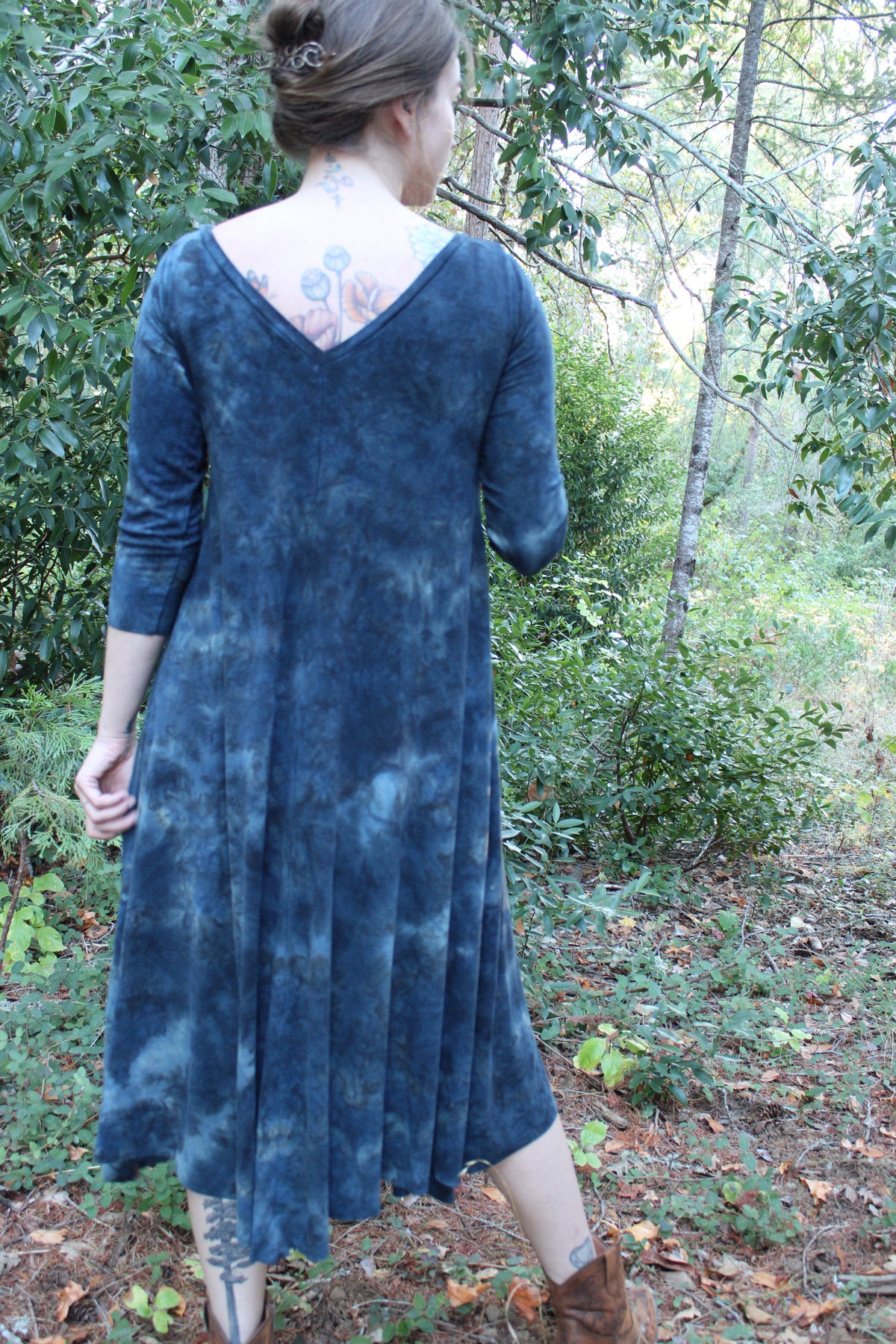 Sold-Custom Small MIDI Leaf Dress 3/4 Sleeve Lapis Colorway