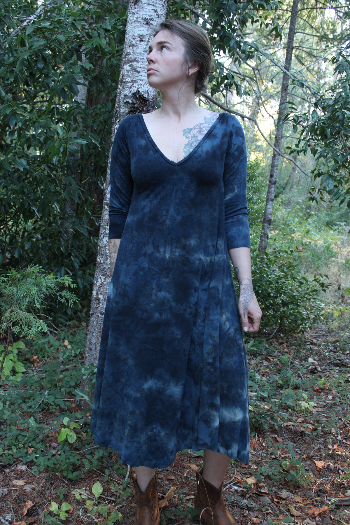 Sold-Custom Small MIDI Leaf Dress 3/4 Sleeve Lapis Colorway