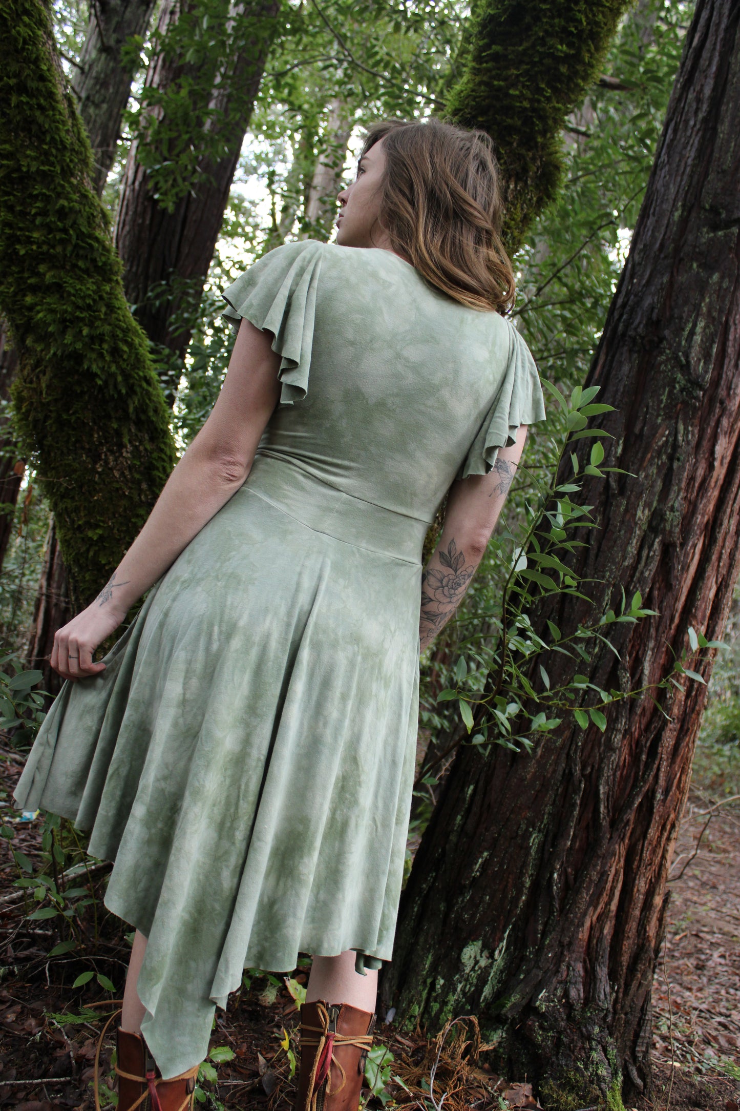Sold-Custom Medium Keyhole HighLow Fairy Dress XFlowy Sleeves Adventurine Colorway