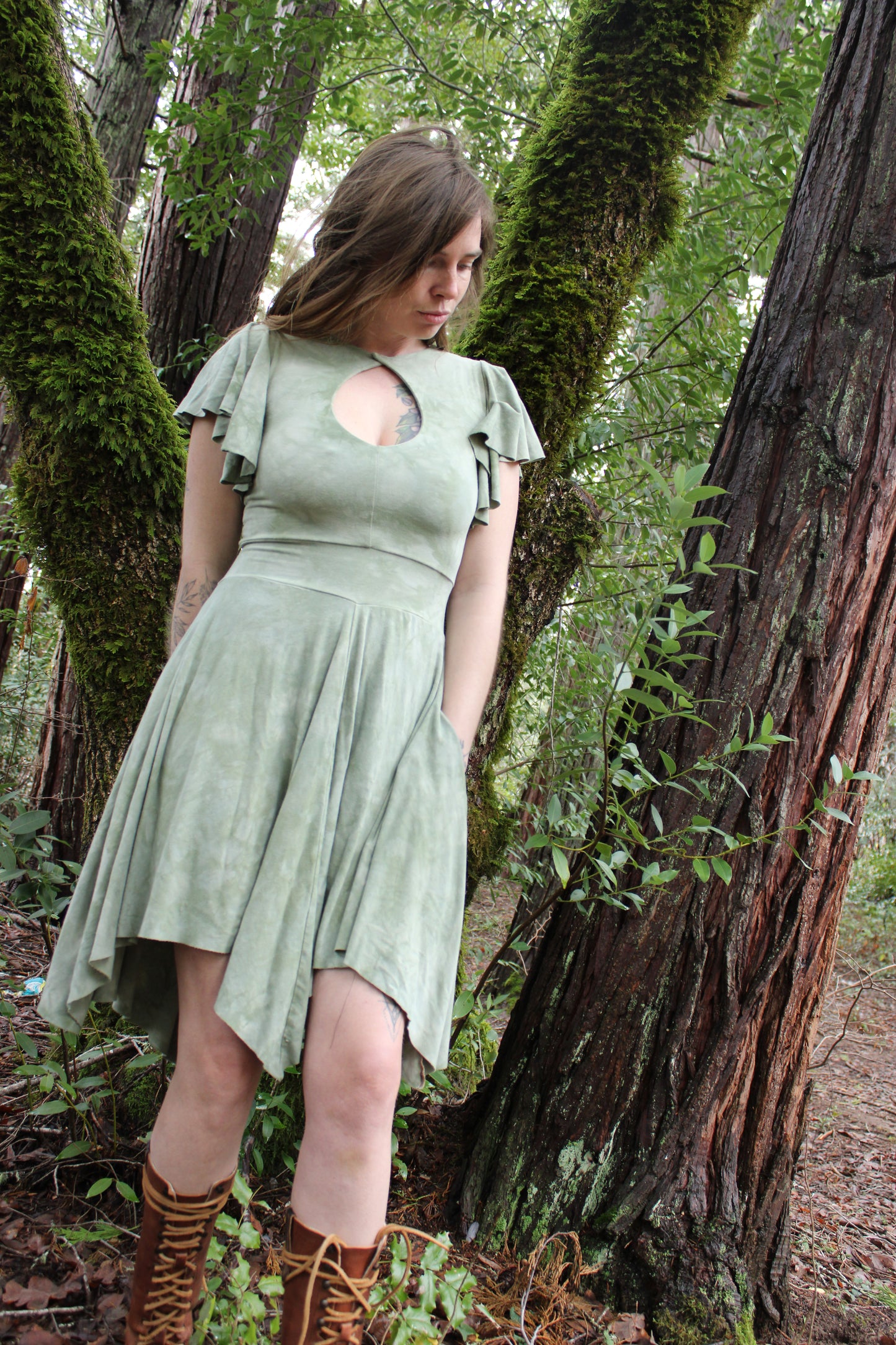 Sold-Custom Medium Keyhole HighLow Fairy Dress XFlowy Sleeves Adventurine Colorway