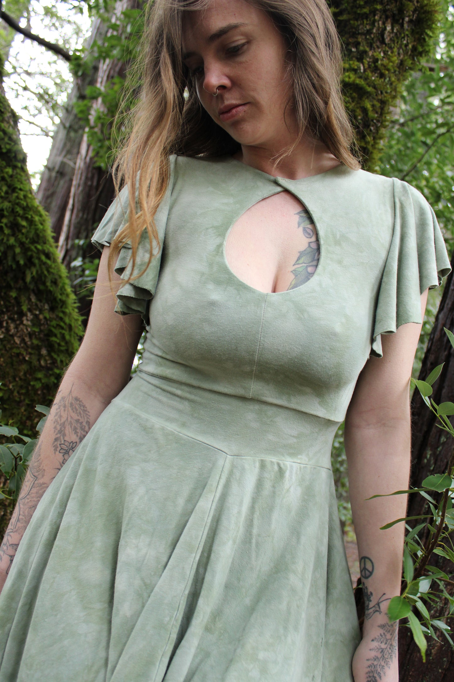 Sold-Custom Medium Keyhole HighLow Fairy Dress XFlowy Sleeves Adventurine Colorway