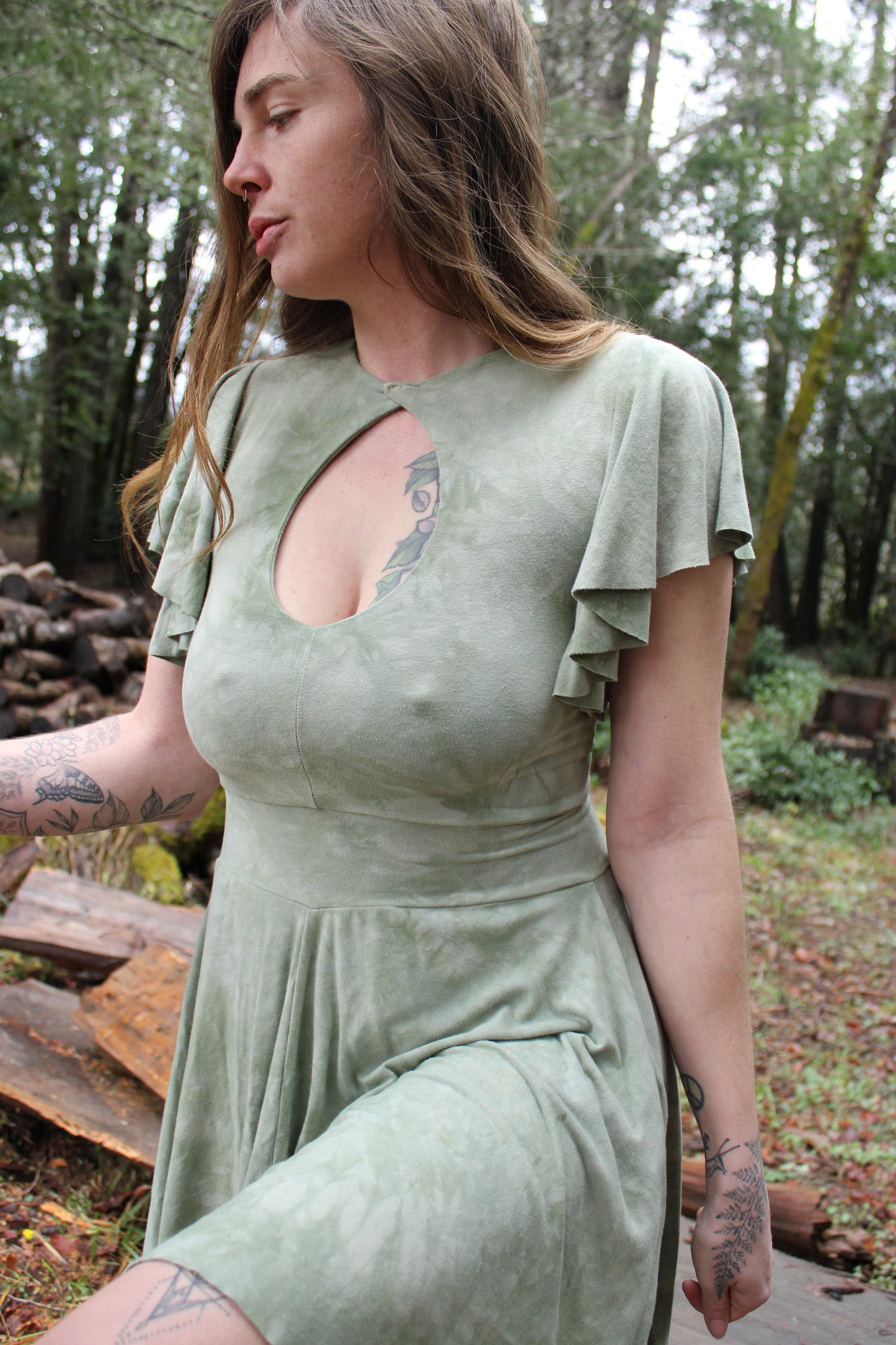 Sold-Custom Medium Keyhole HighLow Fairy Dress XFlowy Sleeves Adventurine Colorway