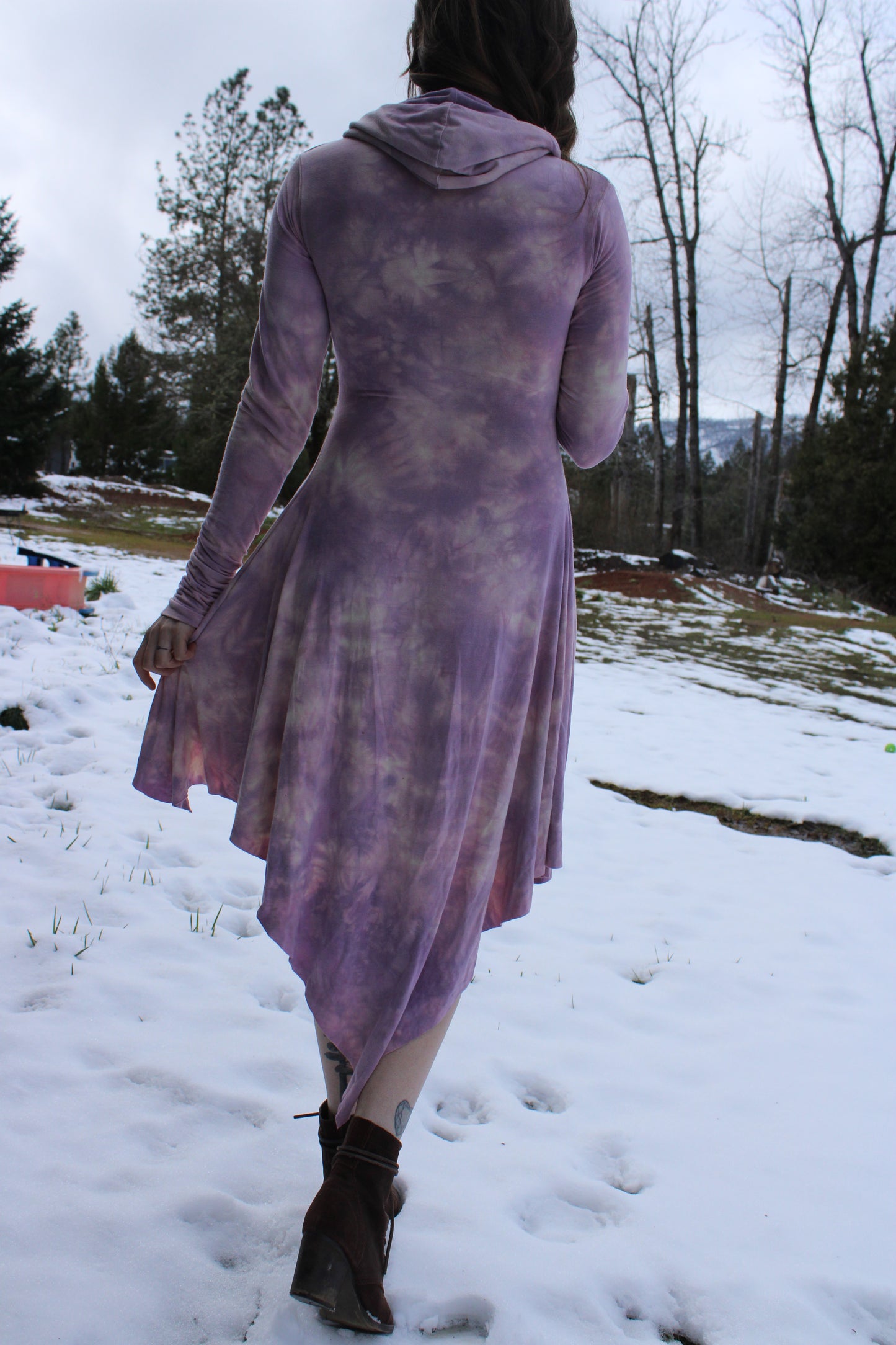 Sold-Custom Small No Seam High Low Fairy Dress L/S Cowl Hood Rose Quarts Colorway