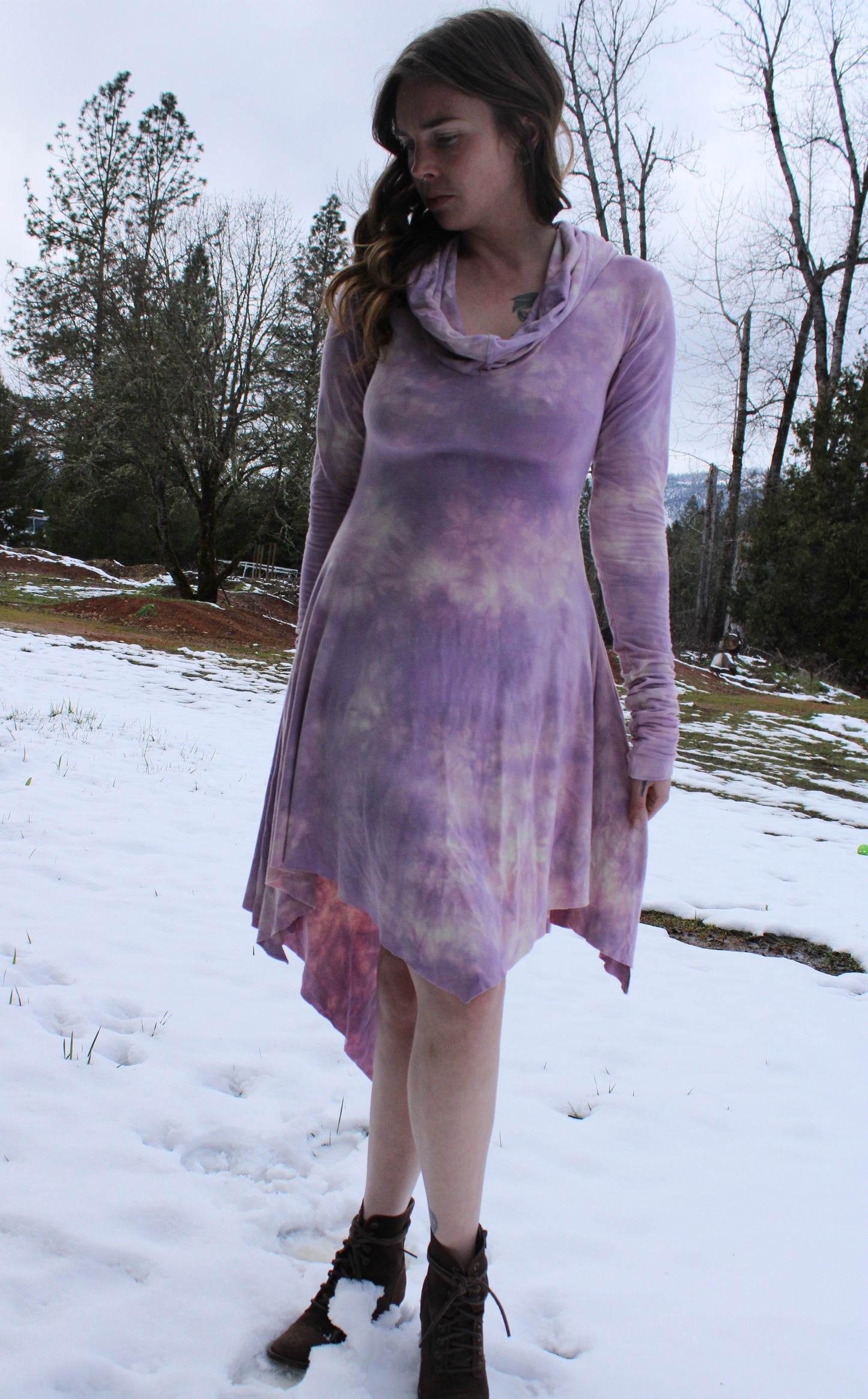 Sold-Custom Small No Seam High Low Fairy Dress L/S Cowl Hood Rose Quarts Colorway