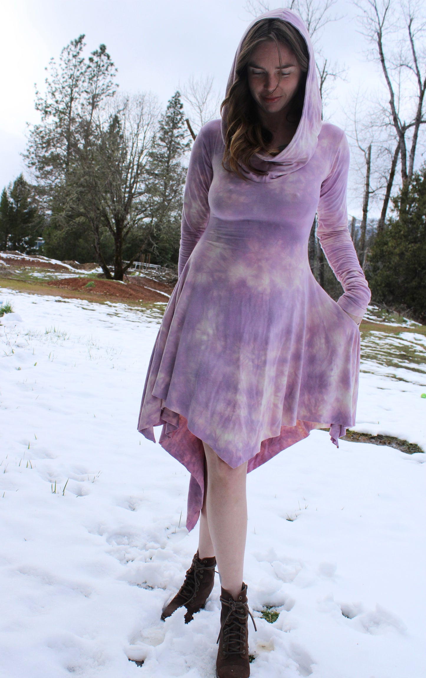 Sold-Custom Small No Seam High Low Fairy Dress L/S Cowl Hood Rose Quarts Colorway