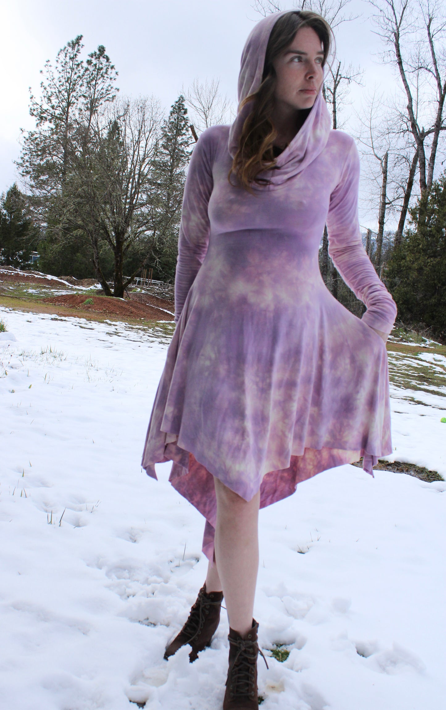Sold-Custom Small No Seam High Low Fairy Dress L/S Cowl Hood Rose Quarts Colorway