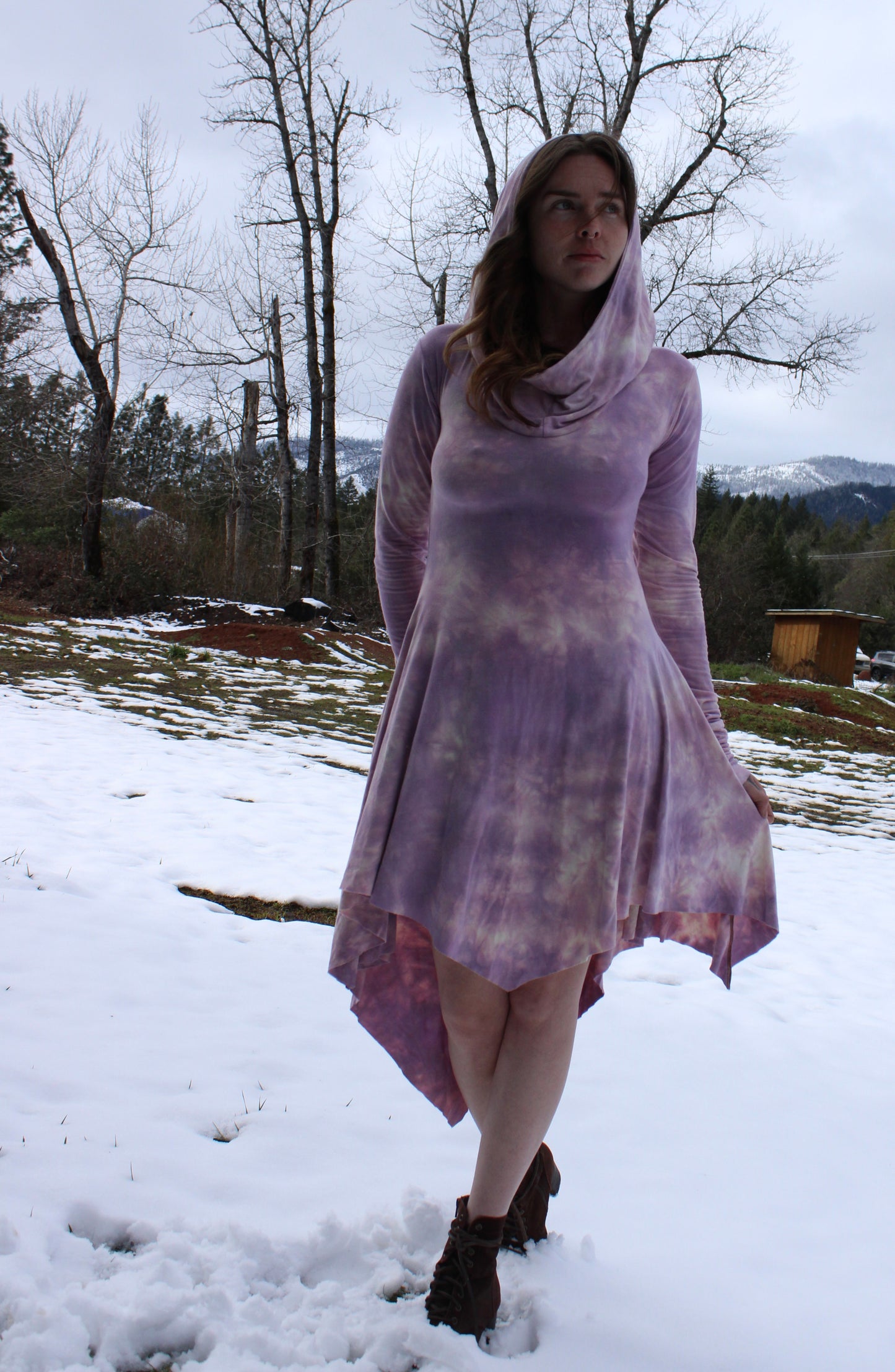 Sold-Custom Small No Seam High Low Fairy Dress L/S Cowl Hood Rose Quarts Colorway