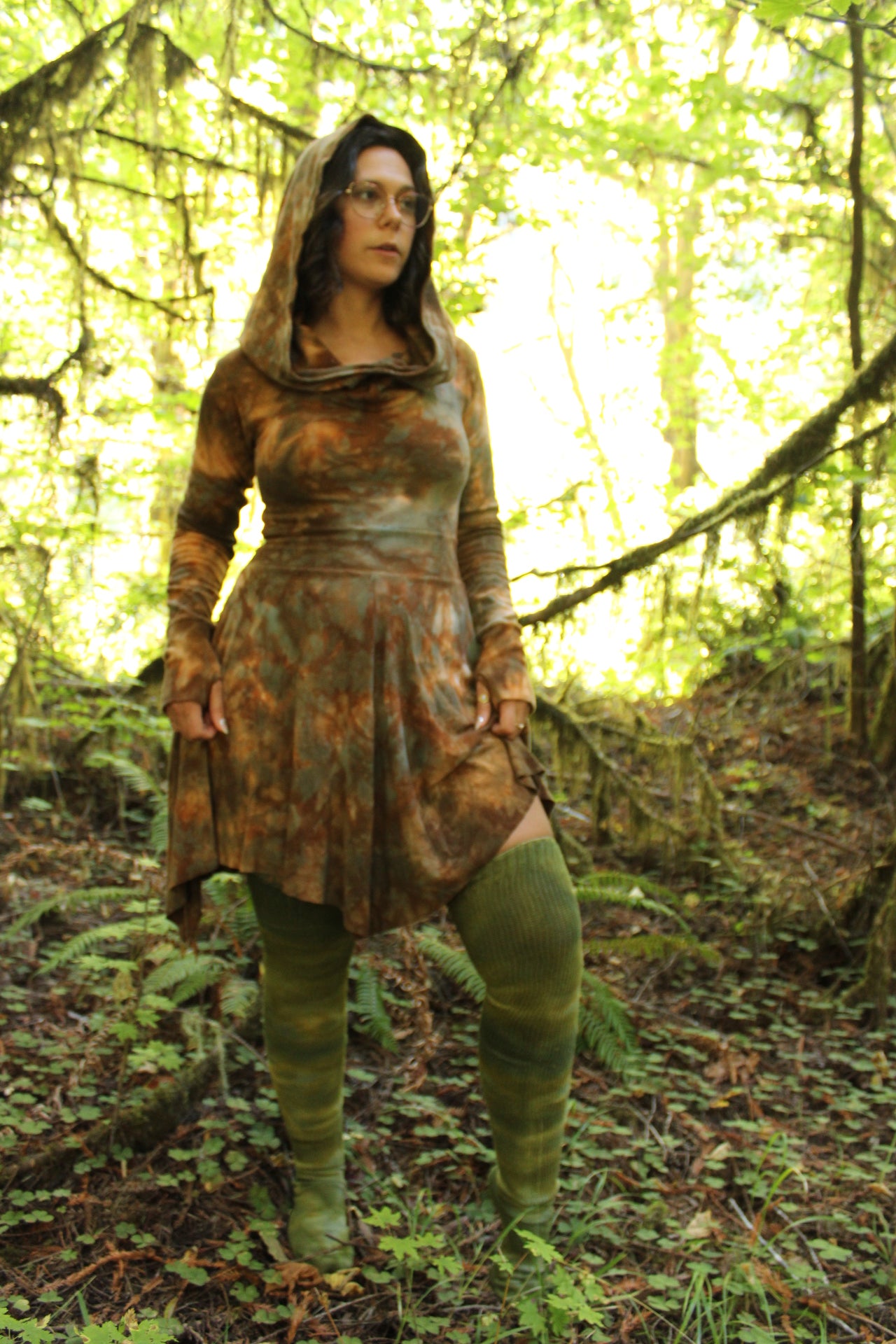 Medium Oversized Hood HighLow Fairy Long Sleeve Dress Petrified Redwood Colorway